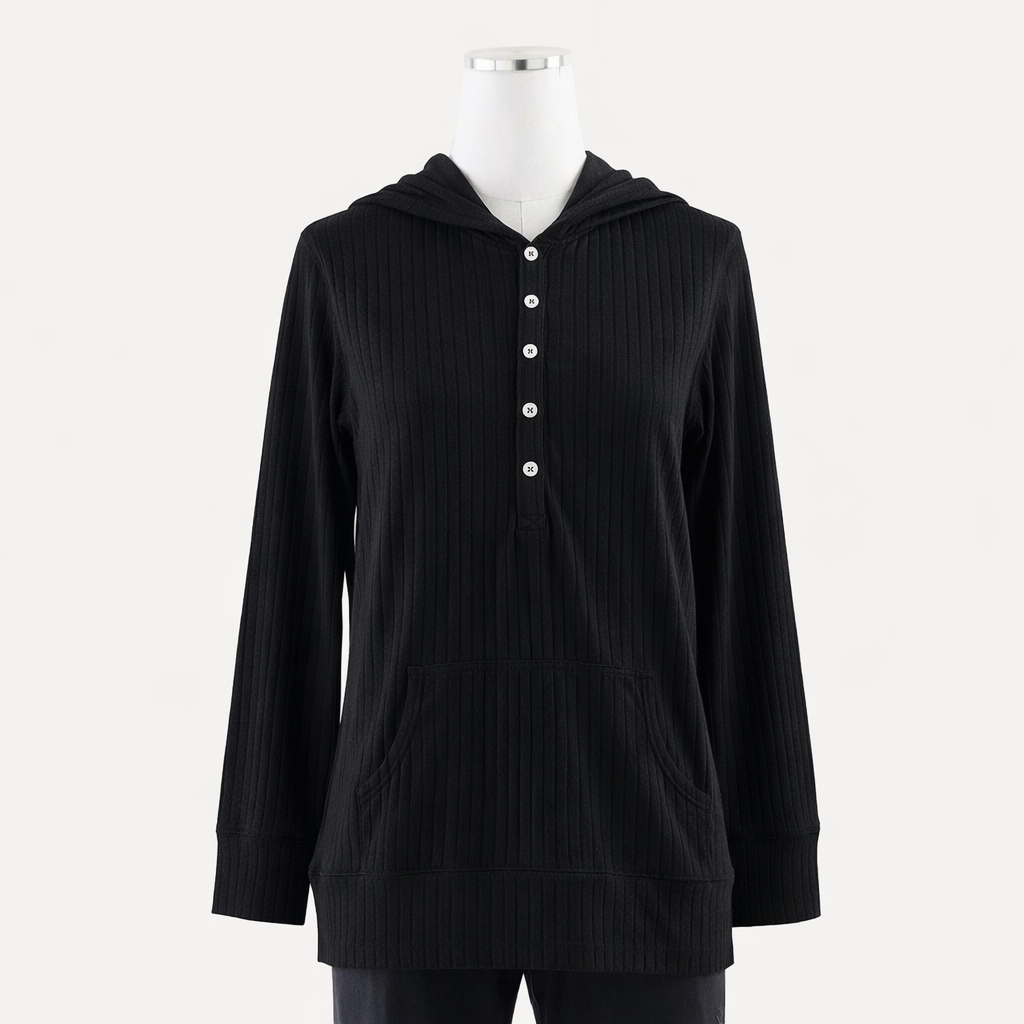 womens long sleeve henley pocket hoodie | black | organic cotton wide rib