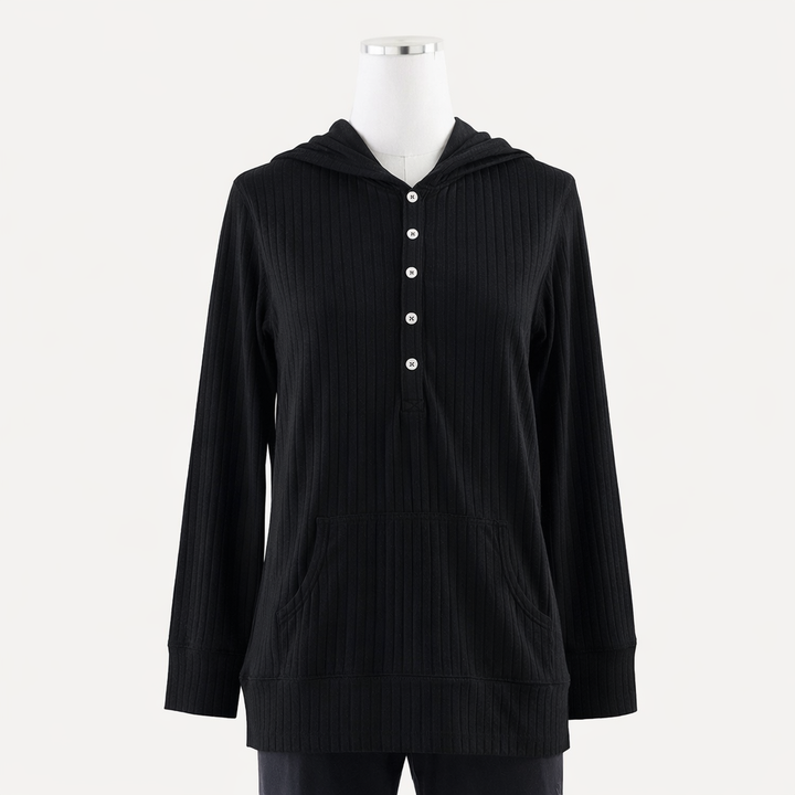 womens long sleeve henley pocket hoodie | black | organic cotton wide rib
