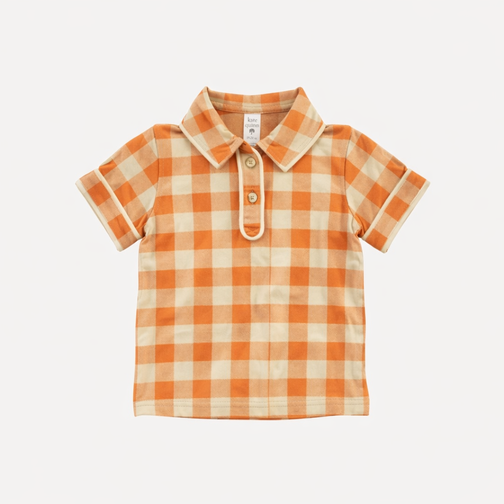 short sleeve piped polo tee | caramel gingham | organic cotton interlock