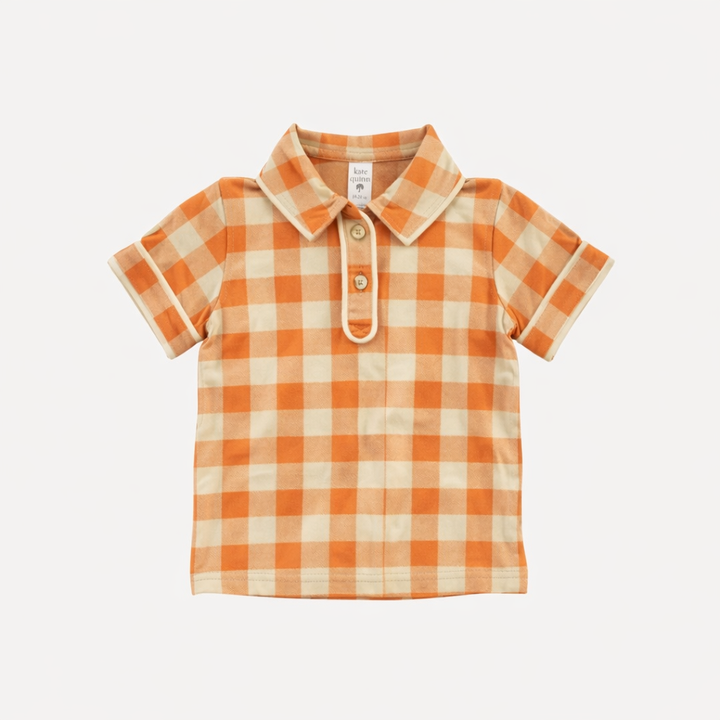 short sleeve piped polo tee | caramel gingham | organic cotton interlock