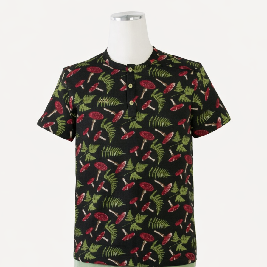 mens short sleeve henley top | scarlet mushroom fern | organic cotton interlock
