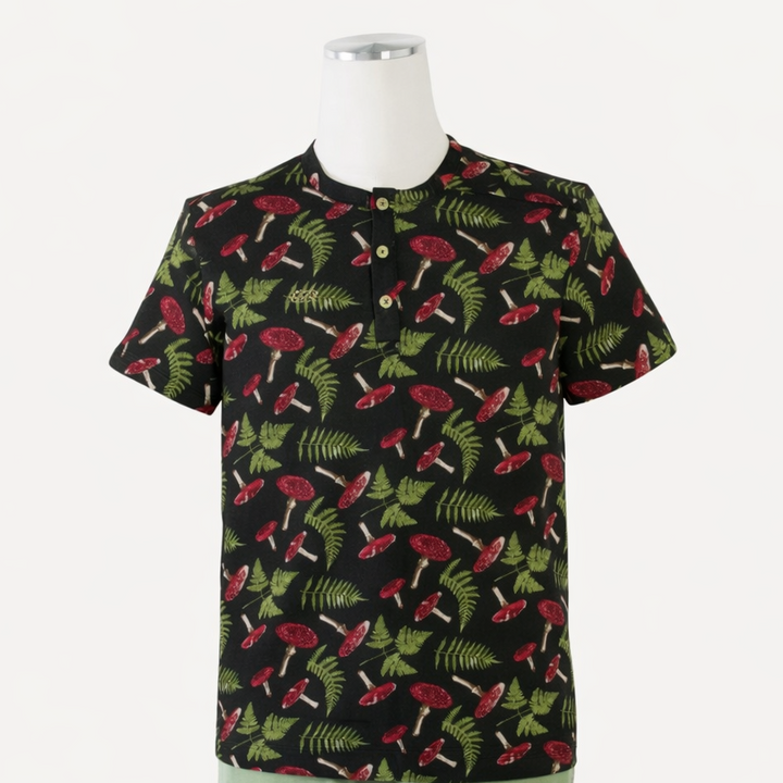 mens short sleeve henley top | scarlet mushroom fern | organic cotton interlock