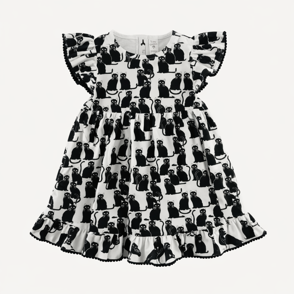 flutter sleeve pom pom pinafore dress | black cats | organic cotton interlock