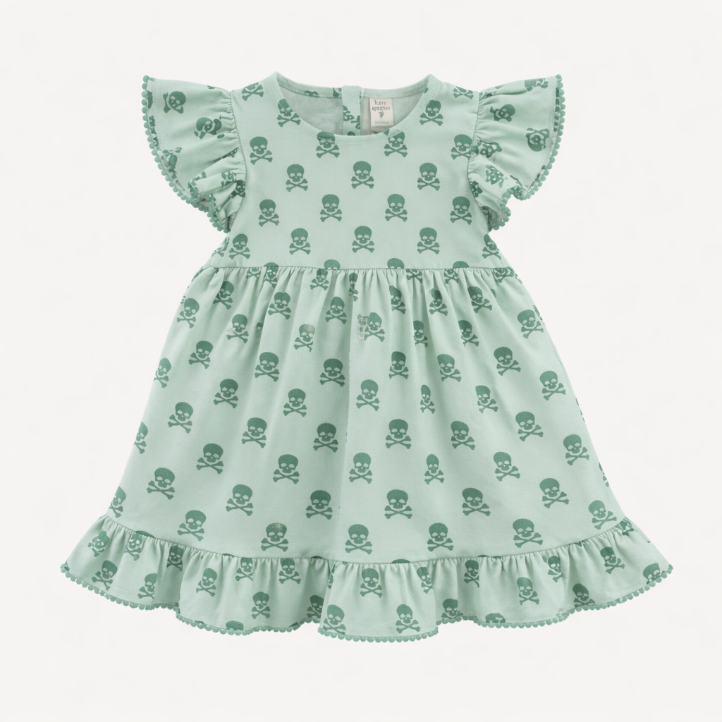 flutter sleeve pom pom pinafore dress | green skulls | organic cotton interlock