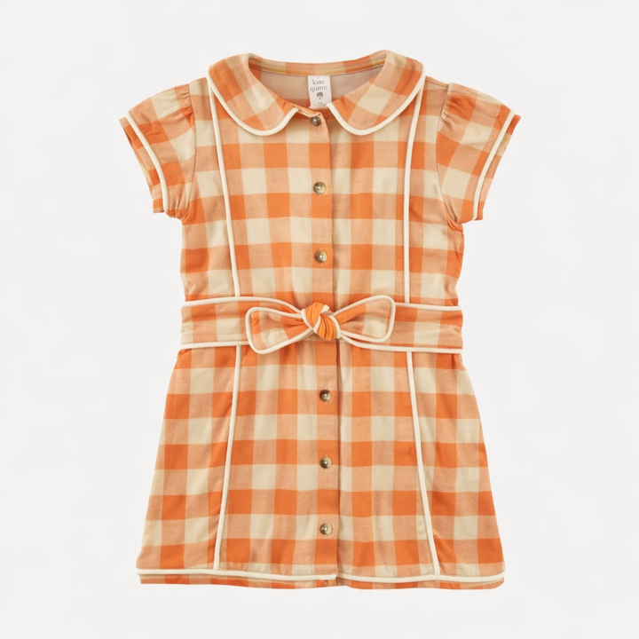 piped peter pan tie dress | caramel gingham | organic cotton interlock