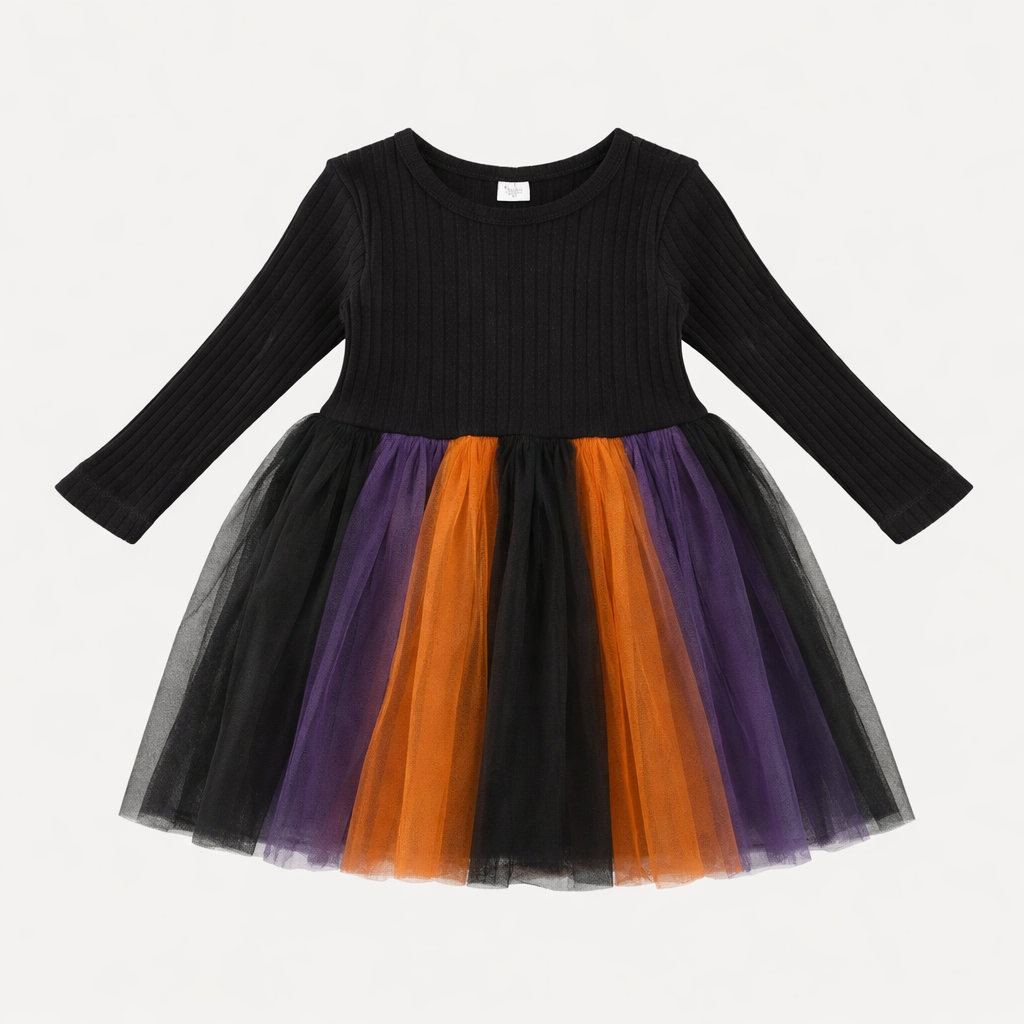long sleeve ballerina tulle dress | black | organic cotton wide rib