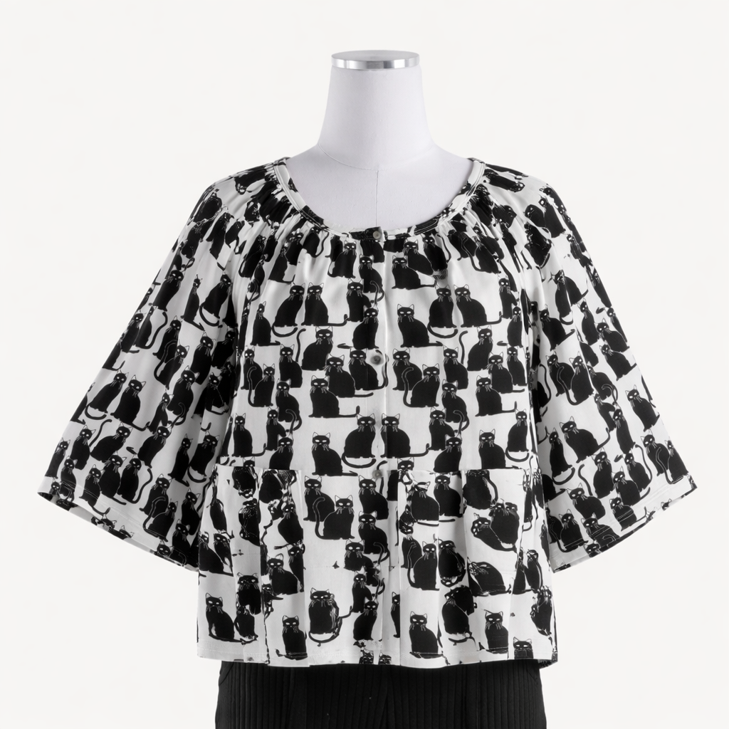 womens pocket button tee | black cats | organic cotton interlock