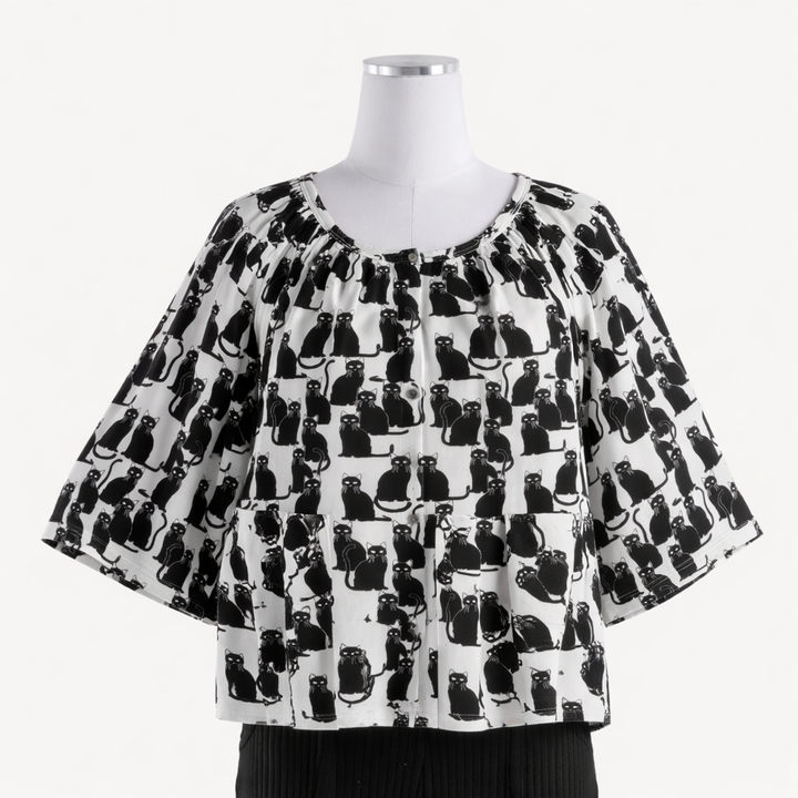 womens pocket button tee | black cats | organic cotton interlock