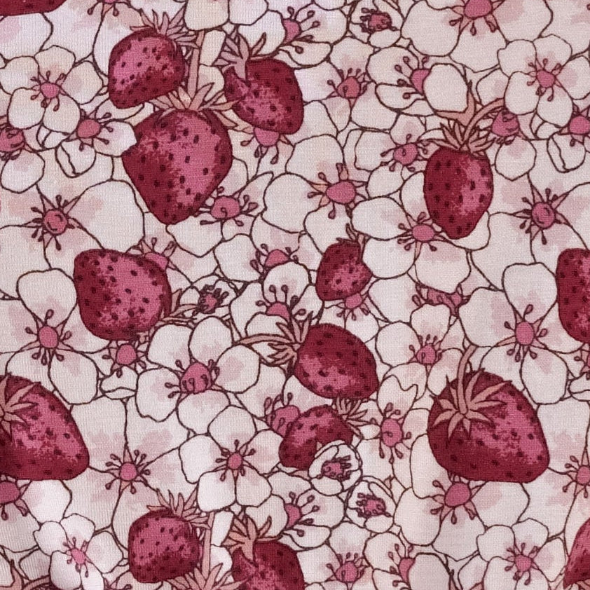short sleeve violet dress | pink strawberry floral | bamboo