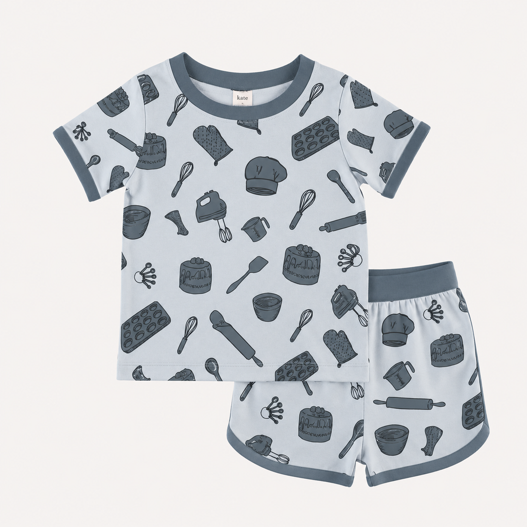 PREORDER short sleeve ringer tee + retro track short set | blue baking | organic cotton interlock