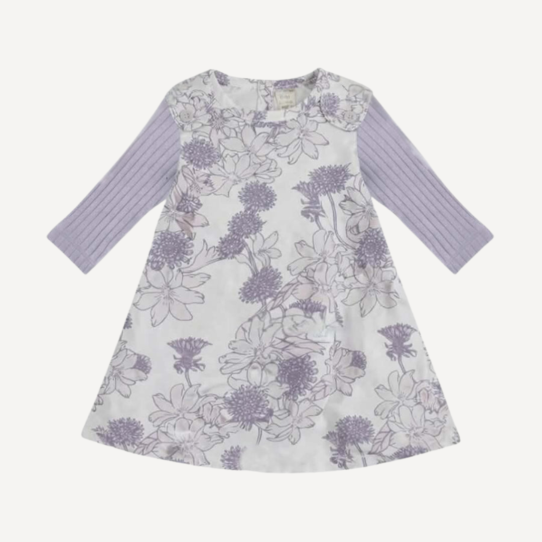 long sleeve kick pleat dress | mauve retro floral | organic cotton jersey