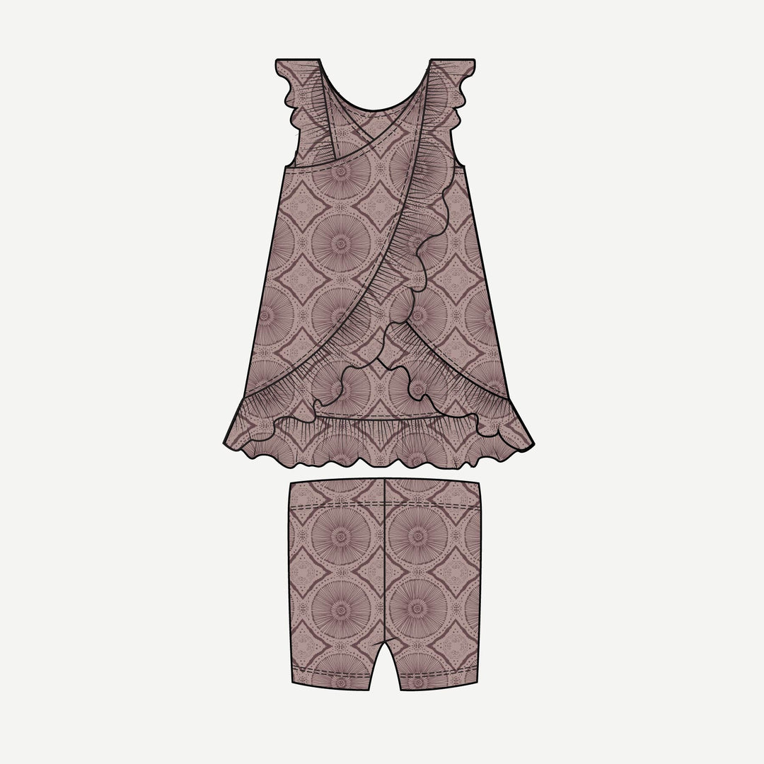 PREORDER pinafore ruffle dress + bike short set | doe batik | modal