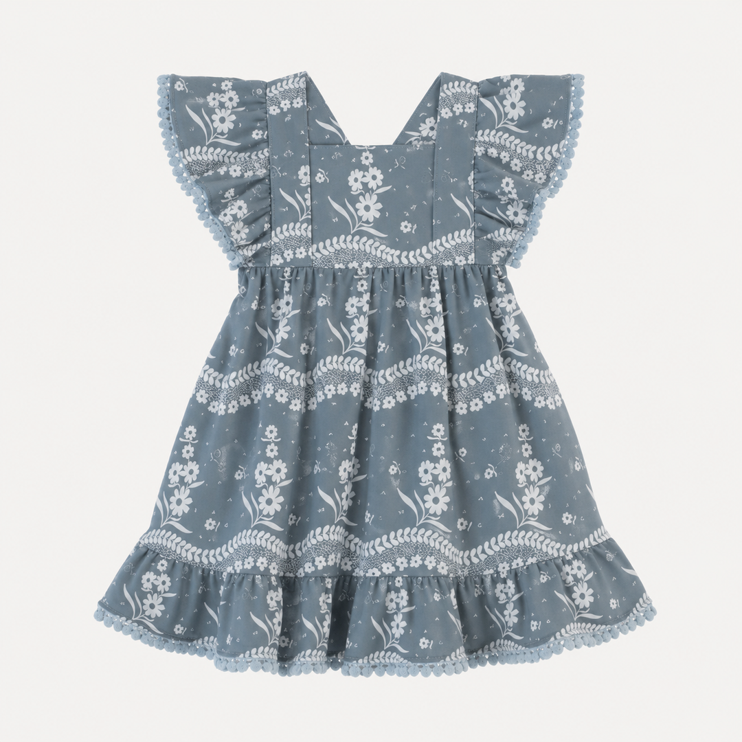 PREORDER ruffle strap pom pom dress | storm floral lace | organic cotton interlock