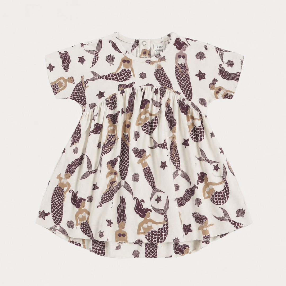 PREORDER short sleeve gathered t-shirt dress | purple mermaids | organic cotton interlock