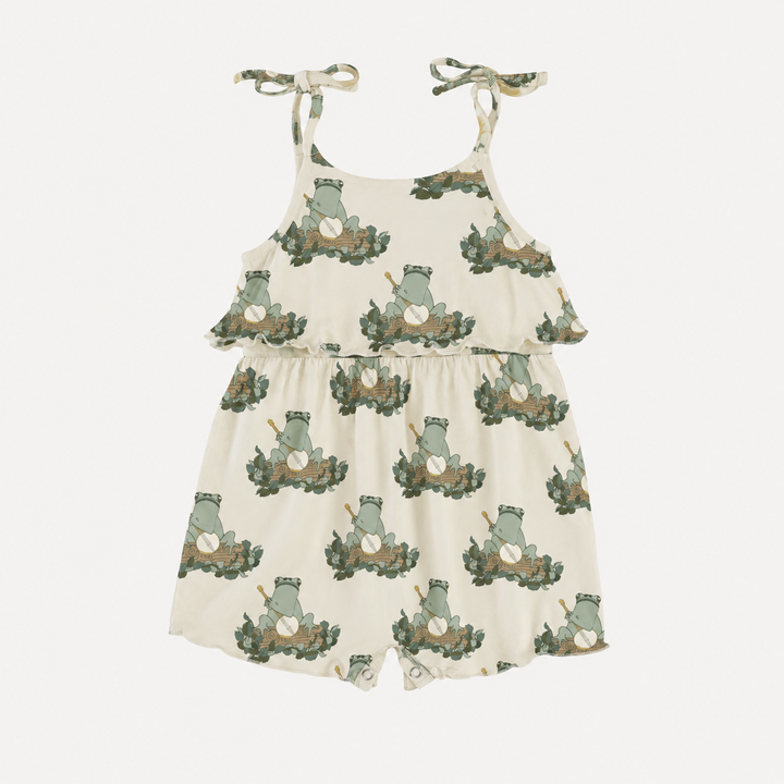 PREORDER spaghetti tie ruffle pocket shortie | banjo frog | organic cotton interlock