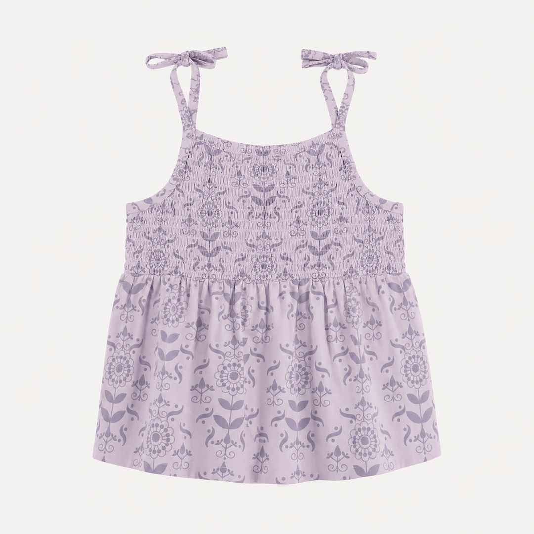 PREORDER spaghetti strap smocked top | orchid folk wallpaper | organic cotton interlock