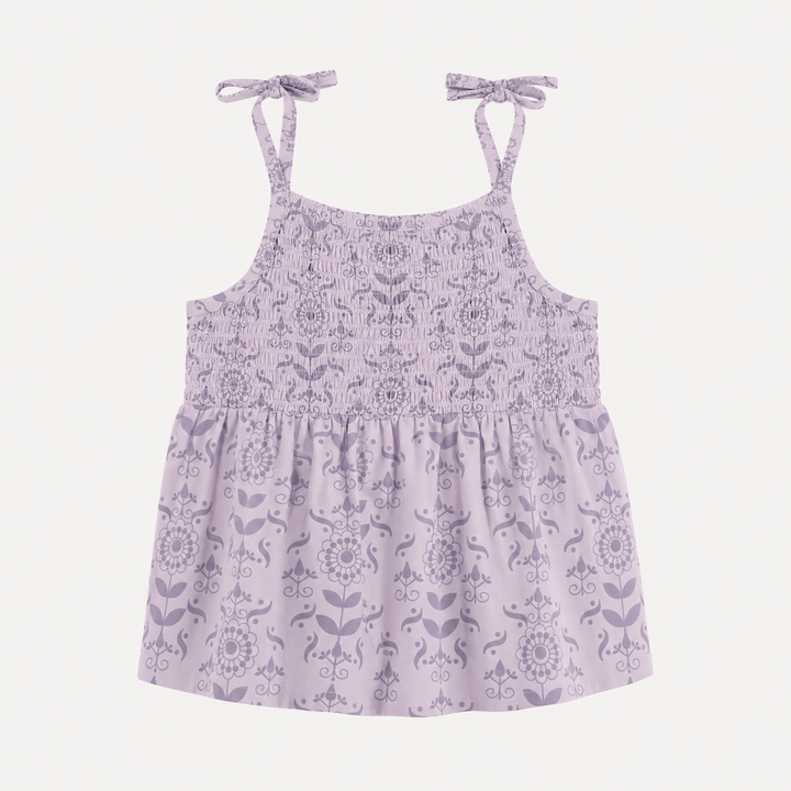 PREORDER spaghetti strap smocked top | orchid folk wallpaper | organic cotton interlock