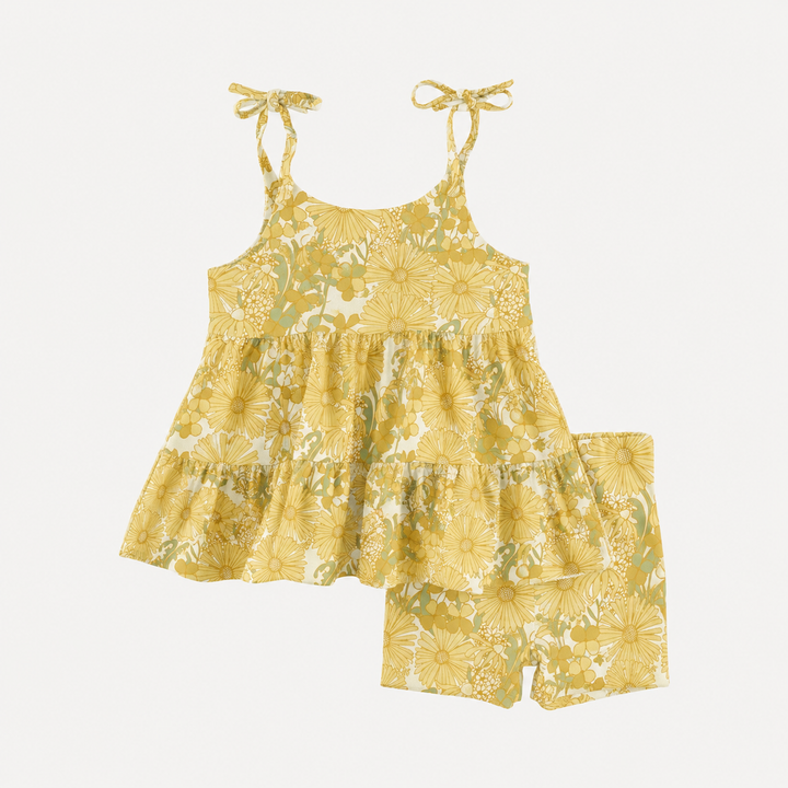PREORDER spaghetti tie prairie top + bike short set | 70s daisy | organic cotton interlock