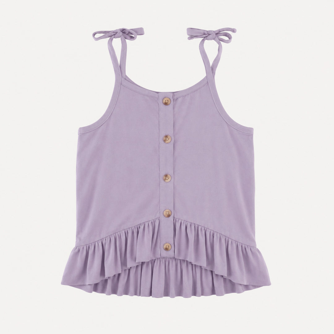 PREORDER spaghetti tie ruffle button top | dusty lavender | organic cotton interlock