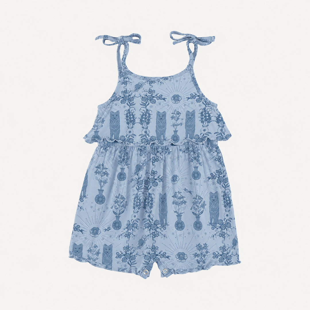 PREORDER spaghetti tie ruffle pocket shortie | wolf floral | organic cotton interlock