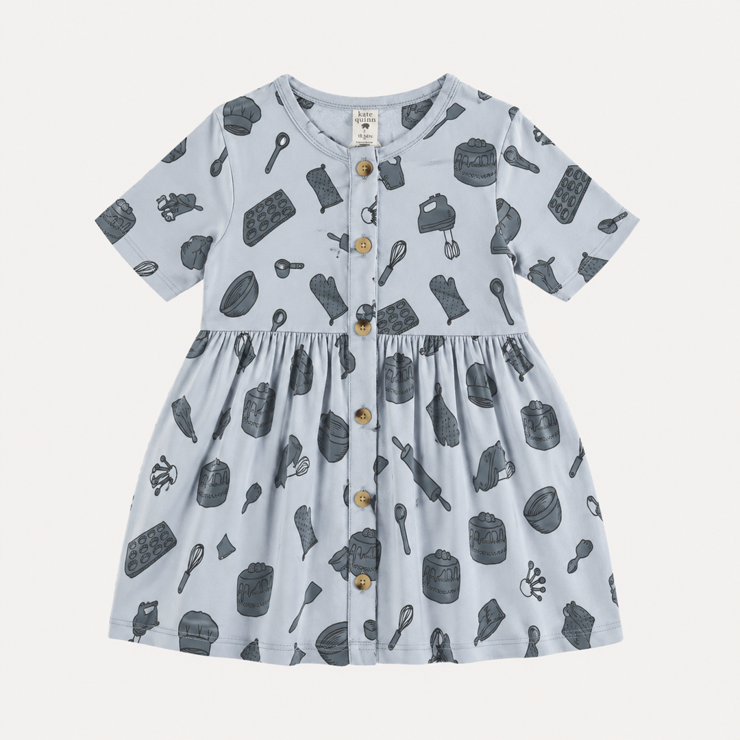 PREORDER short sleeve button front dress | blue baking | organic cotton interlock