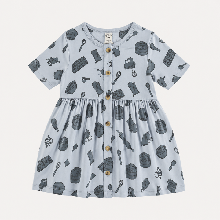 PREORDER short sleeve button front dress | blue baking | organic cotton interlock