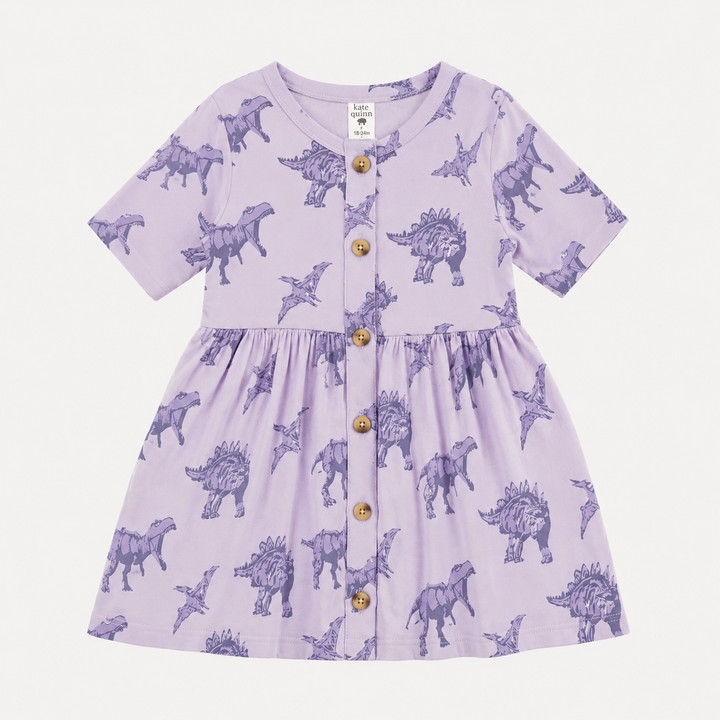 PREORDER short sleeve button front dress | lavender dinosaur | organic cotton interlock