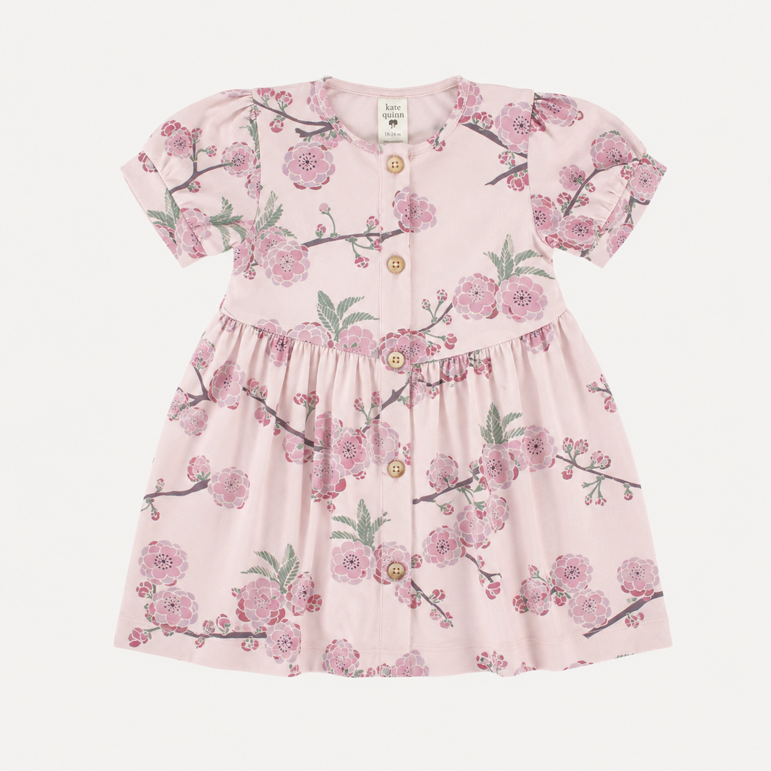 PREORDER short sleeve button front v-waist dress | cherry blossom | organic cotton interlock