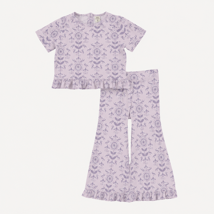 PREORDER short sleeve cropped ruffle tee + flare set | orchid folk wallpaper | organic cotton interlock