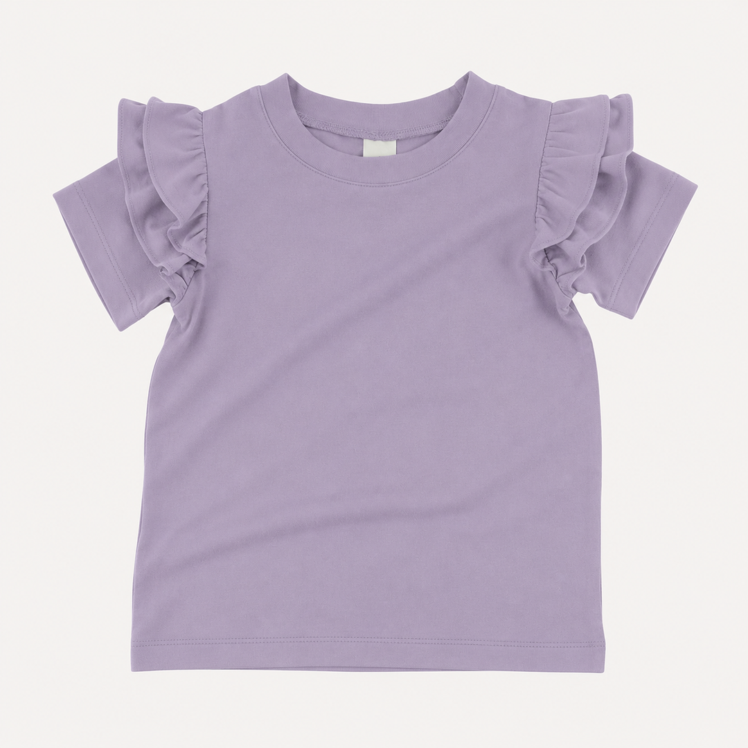 PREORDER short sleeve double ruffle shoulder top | dusty lavender | organic cotton interlock