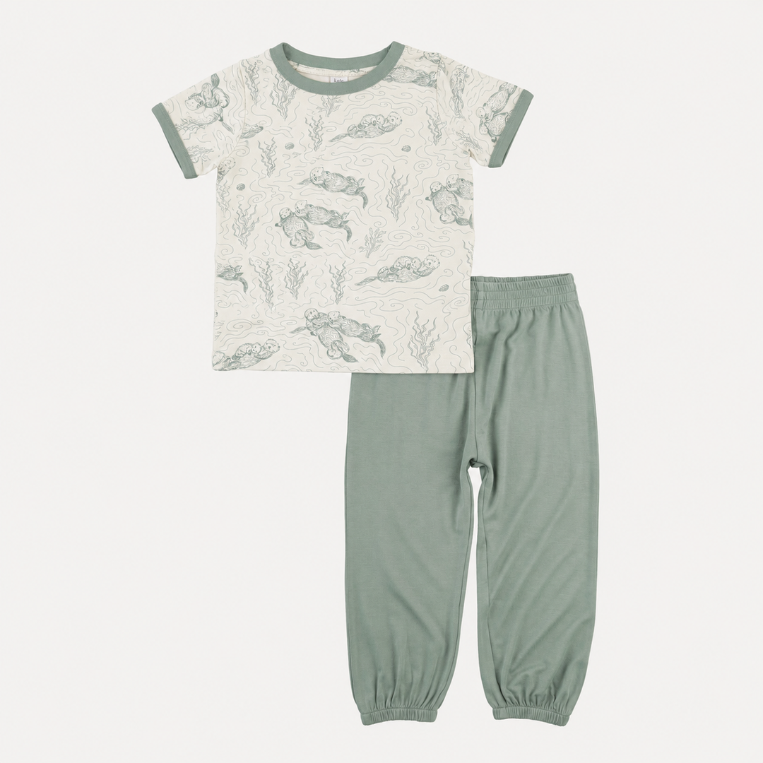 PREORDER short sleeve ringer tee + jogger set | green otter family | organic cotton interlock