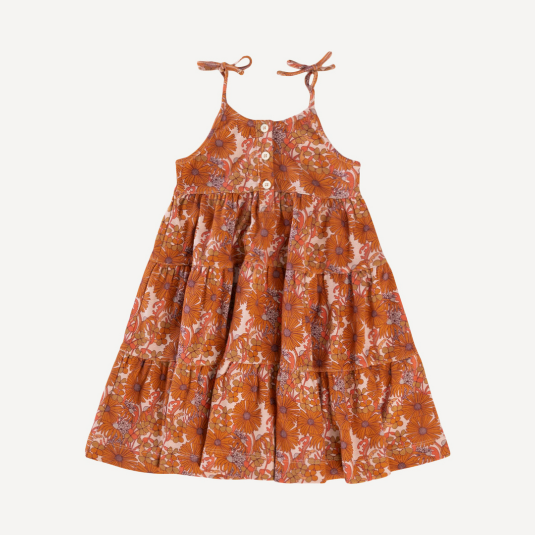 spaghetti tie henley prairie dress | 70s orange bold daisy | organic cotton interlock