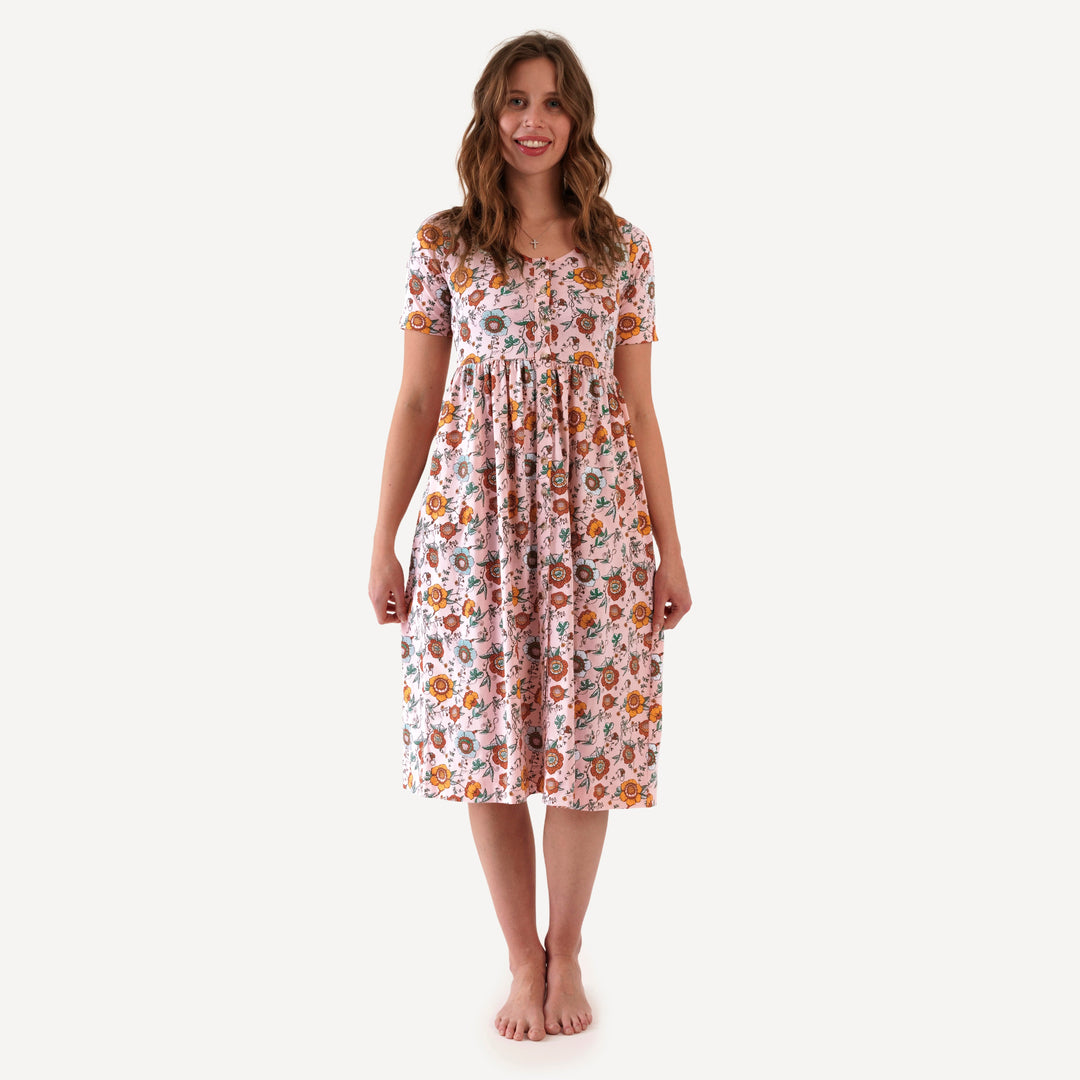 womens half sleeve v-neck pocket button dress | chinoiserie floral | organic cotton jersey