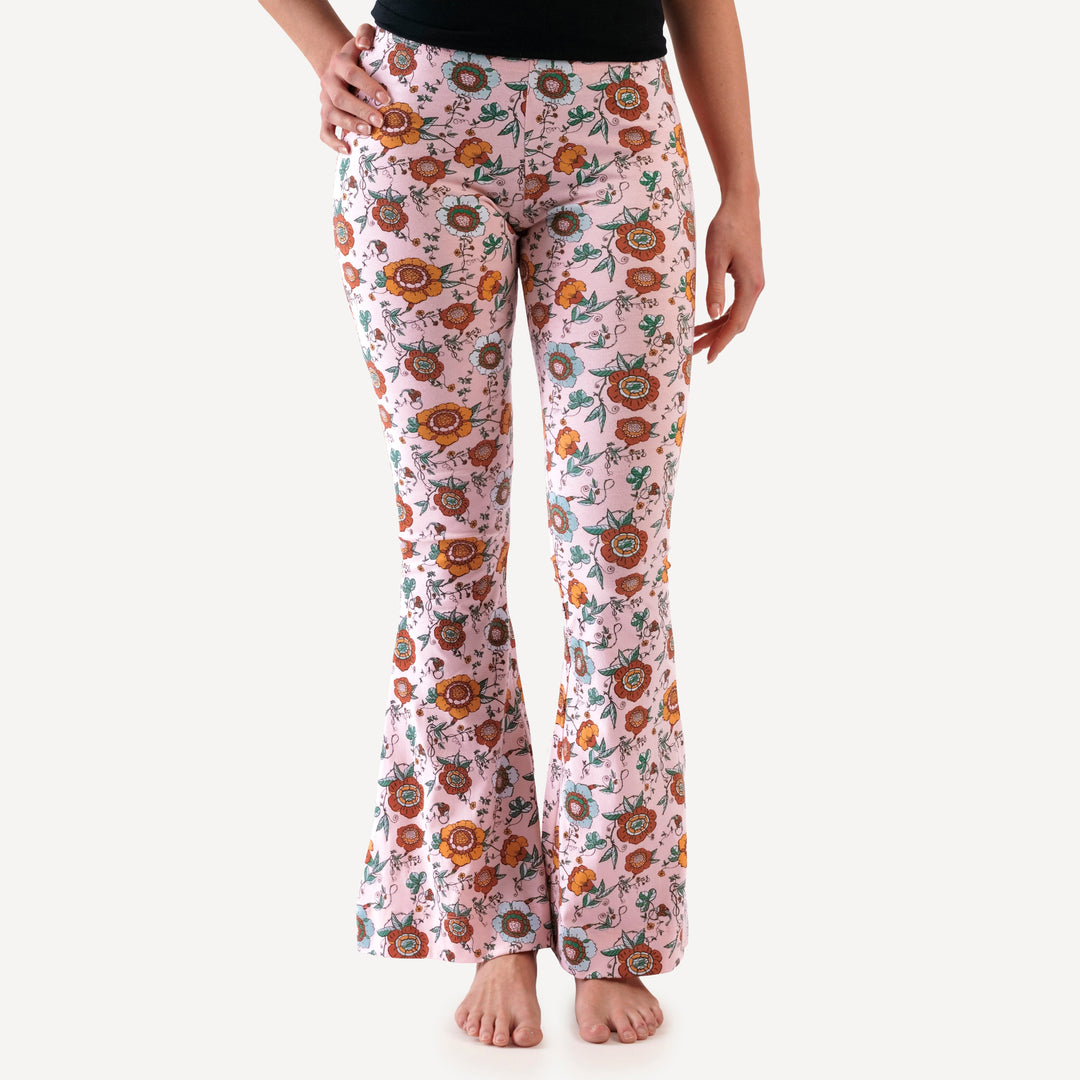 womens extra flare leg pant | chinoiserie floral | organic cotton jersey