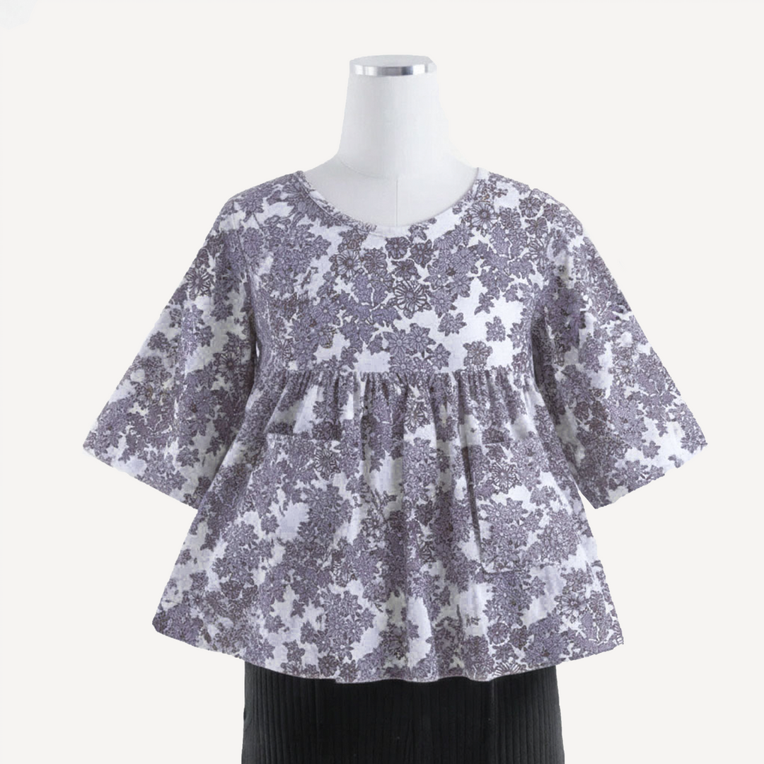 womens bell sleeve gathered tunic | lavender wildflower | organic cotton gauze