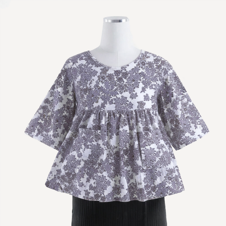 womens bell sleeve gathered tunic | lavender wildflower | organic cotton gauze