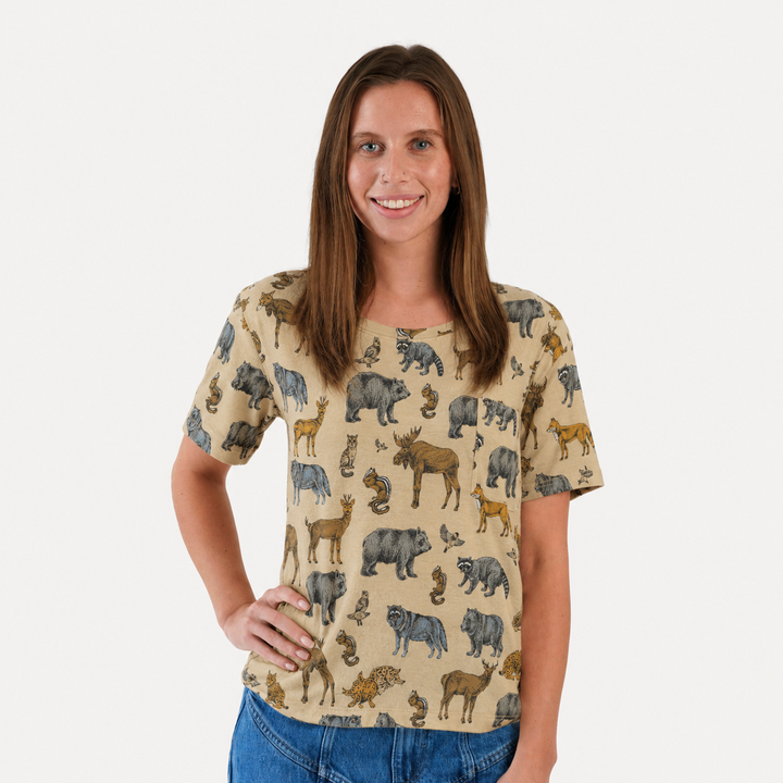 PREORDER womens short sleeve boxy tee | forest animals | organic cotton interlock