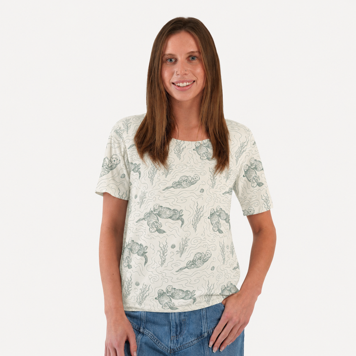 PREORDER womens short sleeve boxy tee | green otter family | organic cotton interlock