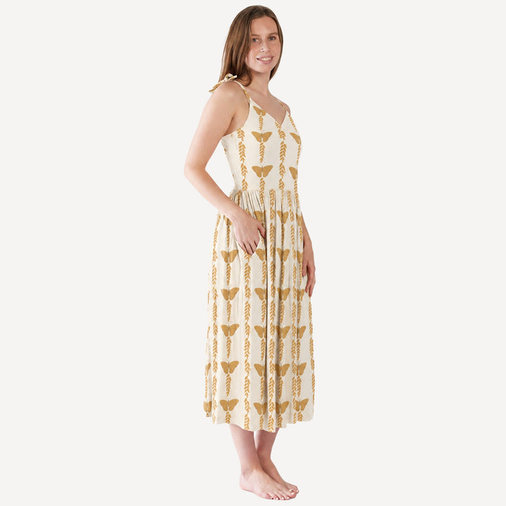 PREORDER womens gathered ruched tie dress | butterfly vine | bamboo