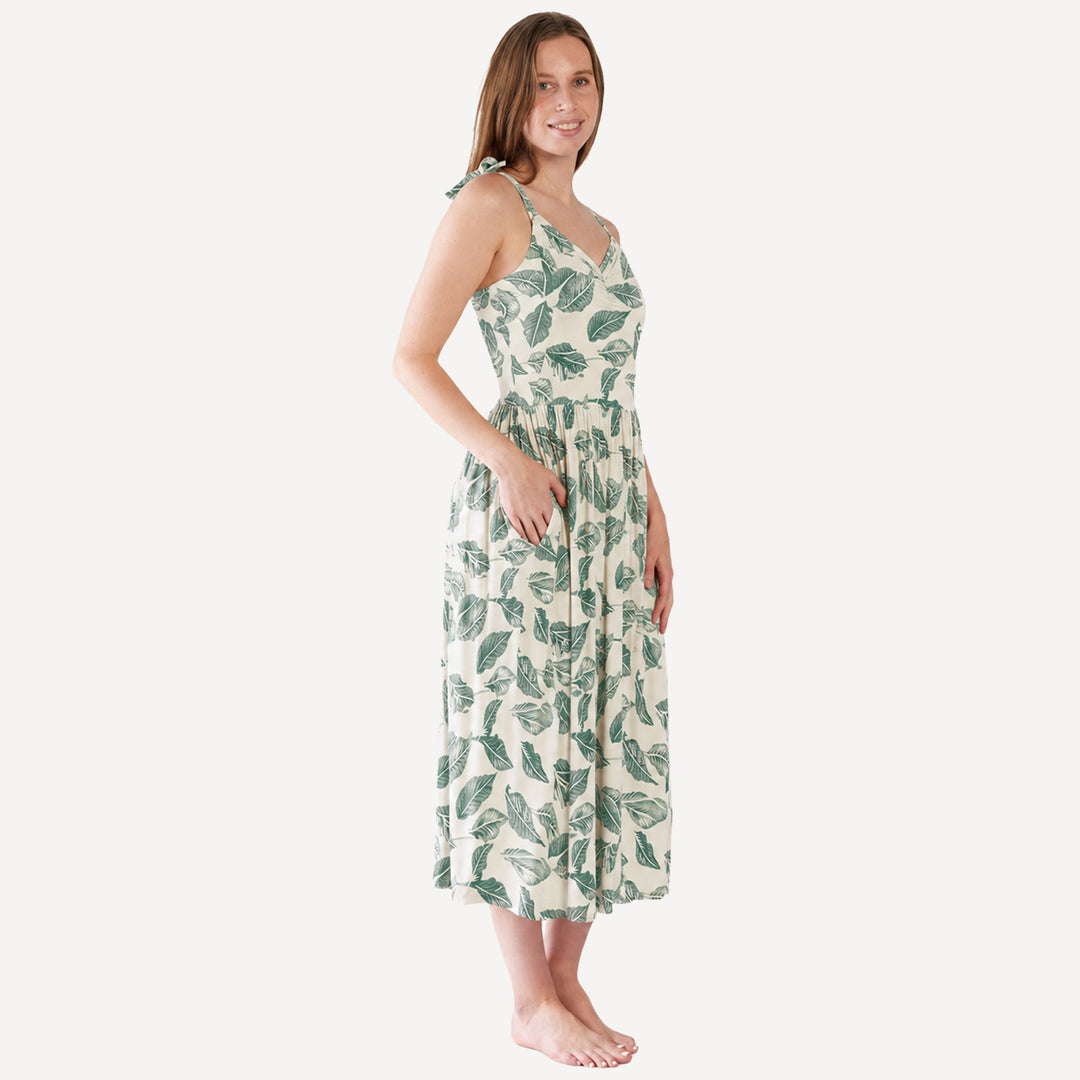 PREORDER womens gathered ruched tie dress | jade leaf | bamboo