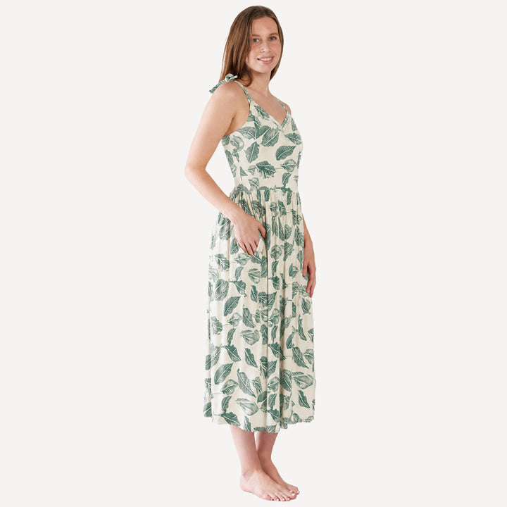 PREORDER womens gathered ruched tie dress | jade leaf | bamboo