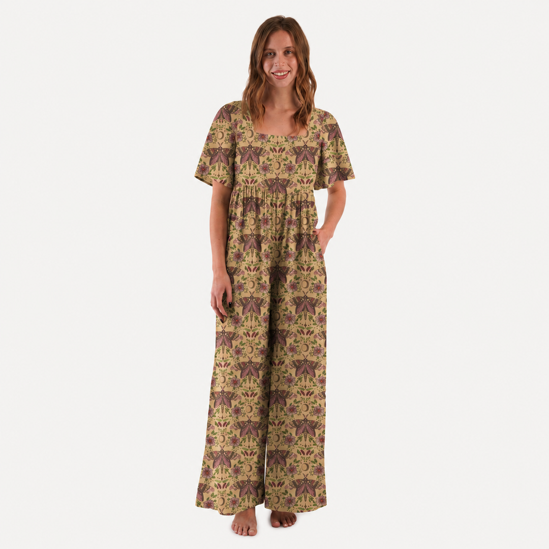 PREORDER womens high waist flutter sleeve jumpsuit | butterfly night | organic cotton interlock