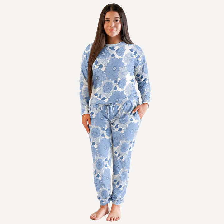 PREORDER womens long sleeve boxy topstitch sweatshirt + relaxed jogger set | blue vintage floral | bamboo