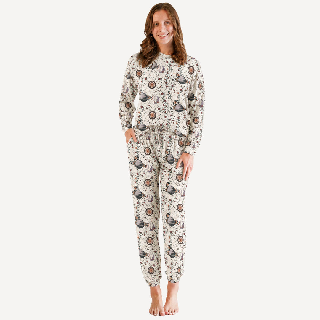 PREORDER womens long sleeve boxy topstitch sweatshirt + relaxed jogger set | mystical planets | bamboo