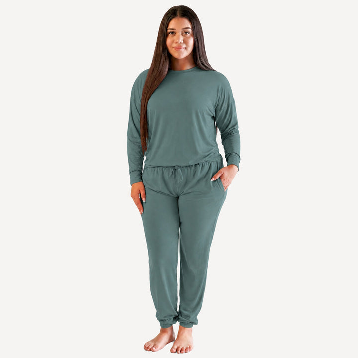 PREORDER womens long sleeve boxy topstitch sweatshirt + relaxed jogger set | sagebrush | bamboo
