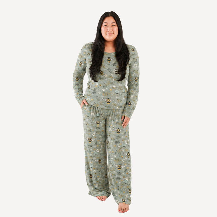 PREORDER womens long sleeve jade set | green litho bee | bamboo