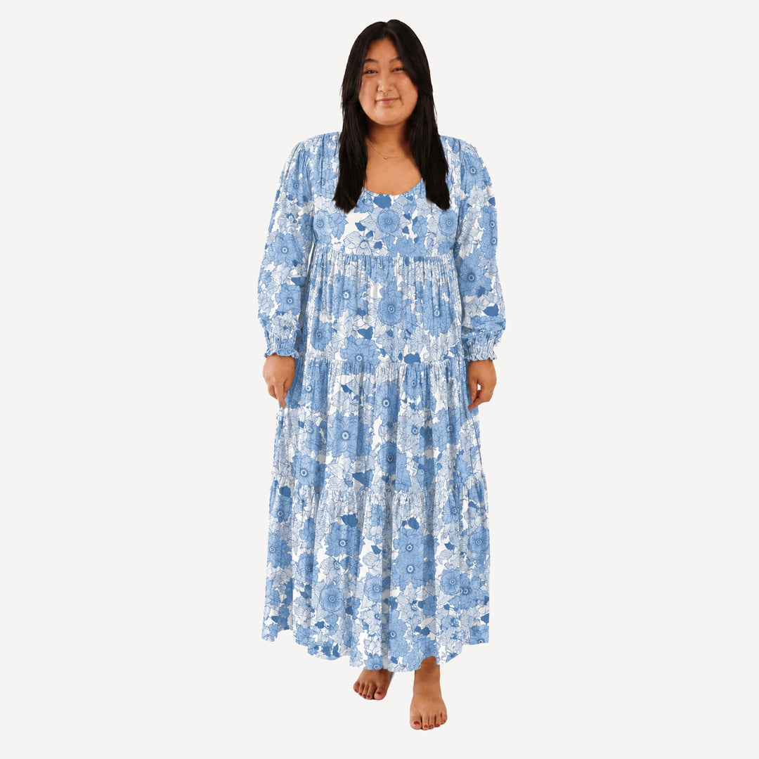 PREORDER womens long sleeve prairie dress | blue vintage floral | bamboo