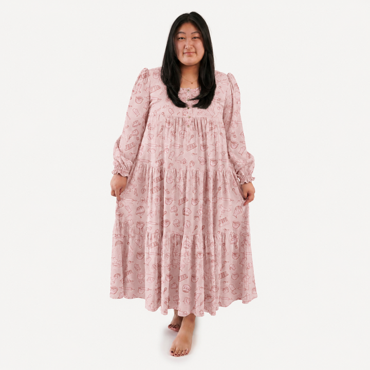 PREORDER womens long sleeve prairie dress | pink baking | organic cotton interlock