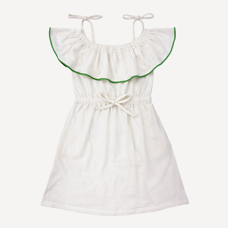 womens off the shoulder ruffle dress | coconut | organic cotton terry