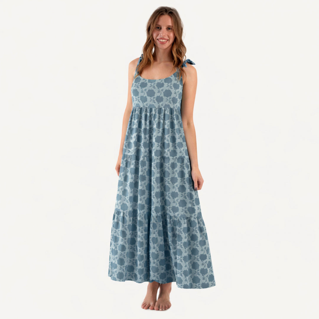womens spaghetti tie prairie dress | blue calico | organic cotton jersey